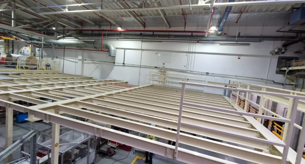 ruszt-konstrukcji-stalowej-pomostu-technicznego-posadowionego-na-słupach-zakotwionych-do-posadzki.