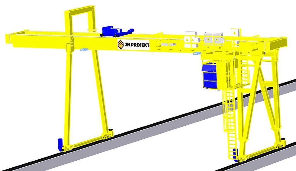 Suwnica bramowa dwudźwigarowa z wciągarką linową, wyposażona w kabinę