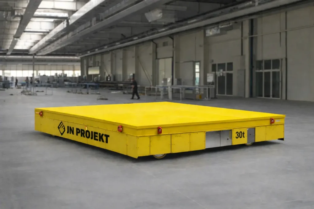 Platforma transportowa 30t JN Projekt stojąca na posadzce hali produkcyjnej