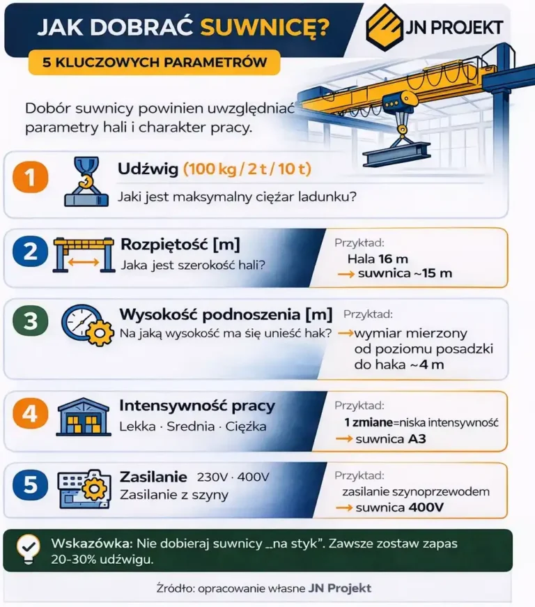 Infografika przedstawiająca jak dobrać suwnicę – 5 kluczowych parametrów: udźwig, rozpiętość, wysokość podnoszenia, intensywność pracy i zasilanie
