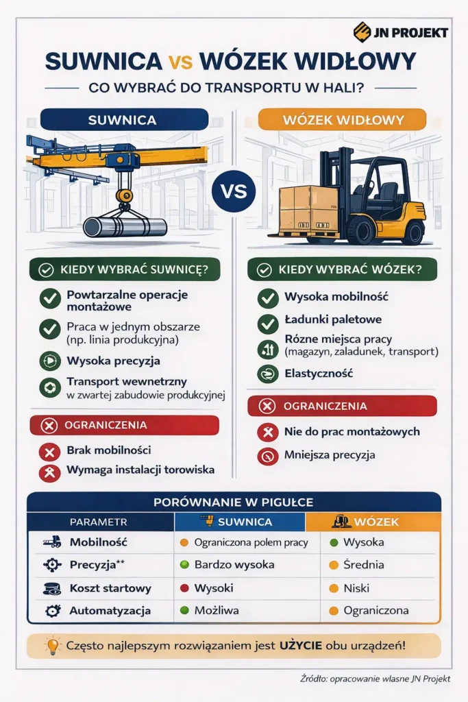 Suwnica i wózek widłowy w hali produkcyjnej porównanie środków transportu wewnętrznego